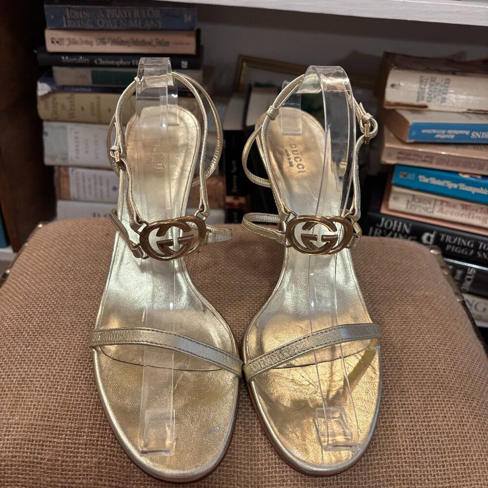 Gucci Metallic Gold Logo T-Strap Sandals